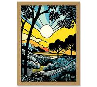 Artery8 Forest Sunrise Landscape Sun Rays Patterns Blue Orange Pop Art Comic Book Halftone Artwork Framed Wall Art Print A4