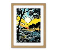 Artery8 Forest Sunrise Landscape Sun Rays Patterns Blue Orange Pop Art Comic Book Halftone Artwork Framed Wall Art Print 18X24 Inch