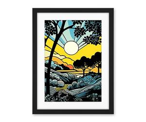 Artery8 Forest Sunrise Landscape Sun Rays Patterns Blue Orange Pop Art Comic Book Halftone Artwork Framed Wall Art Print 18X24 Inch