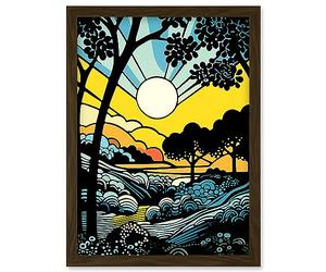 Artery8 Forest Sunrise Landscape Sun Rays Patterns Blue Orange Pop Art Comic Book Halftone Artwork Framed Wall Art Print A4