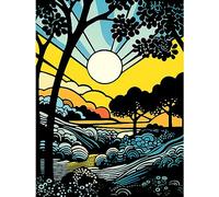 Artery8 Forest Sunrise Landscape Sun Rays Patterns Blue Orange Pop Art Comic Book Halftone Large Wall Art Poster Print Thick Paper 18X24 Inch