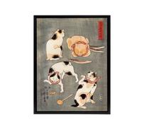 Artery8 Four Cats in Different Poses Kuniyoshi Black Framed Canvas Art Print in Grey | Size: W18" x H24" Artery8 Grey W18" x H24"