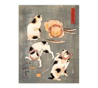 Artery8 Four Cats in Different Poses Kuniyoshi Wall Art Poster Print in Grey | Size: W24" x H32" Artery8 Grey W24" x H32"