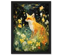 Artery8 Fox Dream Floral Yellow Oil Painting Orange White Dreamscape of Lily Flowers in Spring Artwork Framed Wall Art Print A4