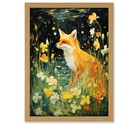Artery8 Fox Dream Floral Yellow Oil Painting Orange White Dreamscape of Lily Flowers in Spring Artwork Framed A3 Wall Art Print