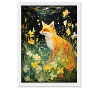 Wall Art Print Fox Dream Floral Yellow Oil Painting Orange White Dreamscape of Lily Flowers in Spring Artwork Framed A4 Artery8 White A4