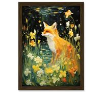 Artery8 Fox Dream Floral Yellow Oil Painting Orange White Dreamscape of Lily Flowers in Spring Artwork Framed Wall Art Print A4