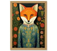 Artery8 Fox Flaunting Fancy Floral Frock Felicia Flower Field Fun Artwork Framed A3 Wall Art Print