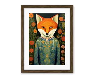Artery8 Fox Flaunting Fancy Floral Frock Felicia Flower Field Fun Artwork Framed Wall Art Print 18X24 Inch