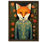 Artery8 Fox Flaunting Fancy Floral Frock Felicia Flower Field Fun Artwork Framed Wall Art Print A4