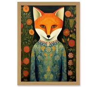 Artery8 Fox Flaunting Fancy Floral Frock Felicia Flower Field Fun Artwork Framed Wall Art Print A4