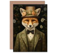 Artery8 Fox Floral Victorian Top Hat and Tails for Him or Her Man Woman Birthday Thank You Congratulations Blank Art Greeting Card