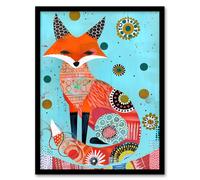 Fox Folk Art Portrait Colourful Pattern Design Framed Art Print Artery8 Blue A4