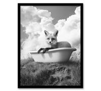 Fox in Bathtub in a Field Black White Surreal Framed Art Print Artery8 Grey A4