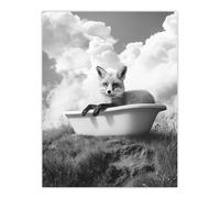 Artery8 Fox in Bathtub in a Field Black White Surreal Wall Art Print in Grey | Size: W18" x H24" Artery8 Grey W18" x H24"