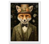 Artery8 Fox in Floral Victorian Suit and Top Hat Surrealism Artwork Green Orange Woodland Gentleman Artwork Framed Wall Art Print A4