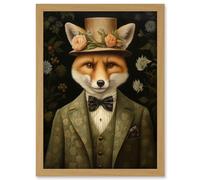 Artery8 Fox in Floral Victorian Suit and Top Hat Surrealism Artwork Green Orange Woodland Gentleman Artwork Framed Wall Art Print A4