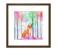 Artery8 Fox in Forest Colourful Splatter Pink Orange Watercolour Painting Square Wooden Framed Wall Art Print Picture 8X8 Inch in Brown Artery8 Brown