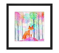 Artery8 Fox in Forest Colourful Splatter Pink Orange Watercolour Painting Square Wooden Framed Wall Art Print Picture 8X8 Inch in Black Artery8 Black