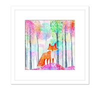 Artery8 Fox in Forest Colourful Splatter Pink Orange Watercolour Painting Square Wooden Framed Wall Art Print Picture 8X8 Inch in White Artery8 White