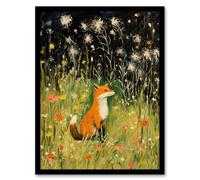 Artery8 Fox In Wildflower Meadow Acrylic Painting Spring Evening Among Flowers Artwork Framed Wall Art Print A4