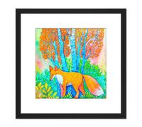 Artery8 Fox in Woods Trees Forest Vibrant Colours Orange Splatter Watercolour Painting Square Wooden Framed Wall Art Print Picture 8X8 Inch in Black Artery8 Black