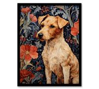 Artery8 Fox Terrier On Elegant Poppy Floral Backdrop William Morris Style Pattern Artwork Art Print Framed Poster Wall Decor | Size: W12" x H16" Artery8 Black W12" x H16"