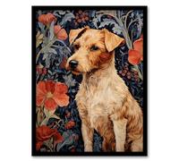 Artery8 Fox Terrier On Elegant Poppy Floral Backdrop William Morris Style Pattern Artwork Framed Wall Art Print A4