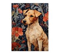 Artery8 Fox Terrier On Elegant Poppy Floral Backdrop William Morris Style Pattern Artwork Unframed Wall Art Print Poster Home Decor Premium Artery8 Multicolor W12" x H16"