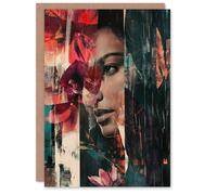 Artery8 Fragments Woman Floral Portrait Modern Abstract Birthday Greeting Card in Red Artery8 Red