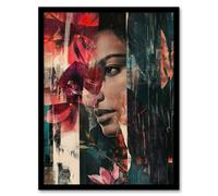 Artery8 Fragments Woman Floral Portrait Modern Abstract Framed Art Print in Red | Size: A4 Artery8 Red A4