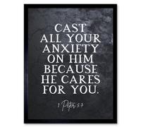 Artery8 Framed Wall Art 1 Peter 5:7 Cast All Your Anxiety On Him Christian Bible Verse Quote Scripture - 12X16 Inch