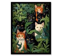 Artery8 Framed Wall Art 5 Black Cats By Julia Davidson Quirky Black Ginger White Cat Group In Green Botanicals - 12X16 Inch