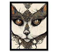 Artery8 Framed Wall Art Abstract Boho Cat Portrait Tribal Patterns - 12X16 Inch