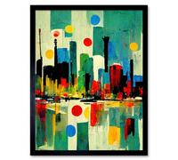 Artery8 Framed Wall Art Abstract Bright Midcentury Style Colourful Cityscape Skyline Blue Red Yellow Pink Green - 12X16 Inch