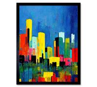 Artery8 Framed Wall Art Abstract Bright Midcentury Style Colourful Cityscape Skyline Painting Blue Red Yellow Teal - 12X16 Inch