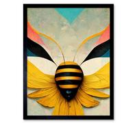 Artery8 Framed Wall Art Abstract Bumble Bee Heart Painting Contemporary Yellow Black Beige Blue Coral Pink - 12X16 Inch