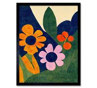 Artery8 Framed Wall Art Abstract Painting Bright Matisse Style Flowers Mustard Navy Lilac Orange - 12X16 Inch