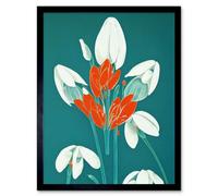 Artery8 Wall Art Print Abstract Snowdrops Red Flowers on Teal Retro Mid Century Style Art Framed in Black | Size: W12" x H16" Artery8 Black W12" x H16"