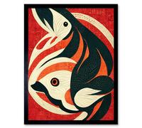 Artery8 Framed Wall Art Abstract Stylised Japanese Koi Carp Fish Painting - 12X16 Inch