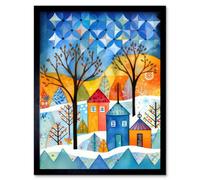 Artery8 Framed Wall Art Abstract Winter Snowfall Folk - 12X16 Inch