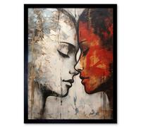 Artery8 Framed Wall Art Affection Thick Paint Oil Painting Red Bold Blue Lovers Emotional Connection Women Love - 12X16 Inch