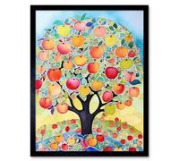 Artery8 Framed Wall Art Apple Tree Fruit Harvest Day Folk Art Bright Watercolour Painting - 12X16 Inch