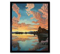 Artery8 Framed Wall Art Atmospheric Cloud Reflections Early Morning Dawn At Mono Lake Modern Watercolour Painting - 12X16 Inch
