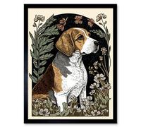 Artery8 Framed Wall Art Beagle Dog With Daisies Modern Stylised - 12X16 Inch