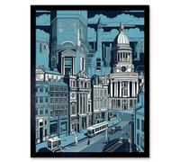 Artery8 Framed Wall Art Belfast Cityscape City Centre Hall Linocut Style - 12X16 Inch