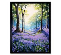 Artery8 Framed Wall Art Bluebell Forest Sunshine Vibrant Artwork Purple Blue Flowers Early Morning Serene Landscape - 12X16 Inch