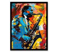 Artery8 Blues Jazz Saxophone Player Vibrant Painting Living Room Art Print Framed Poster Wall Decor 12x16 inch