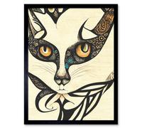 Artery8 Wall Art Print Boho Cat Face Tribal Patterns Sketch Abstract Art Framed in Black | Size: W12" x H16" Artery8 Black W12" x H16"