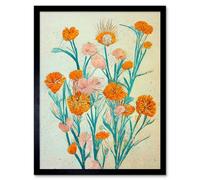 Artery8 Framed Wall Art Boho Marigold Flowers Teal Orange Painting - 12X16 Inch